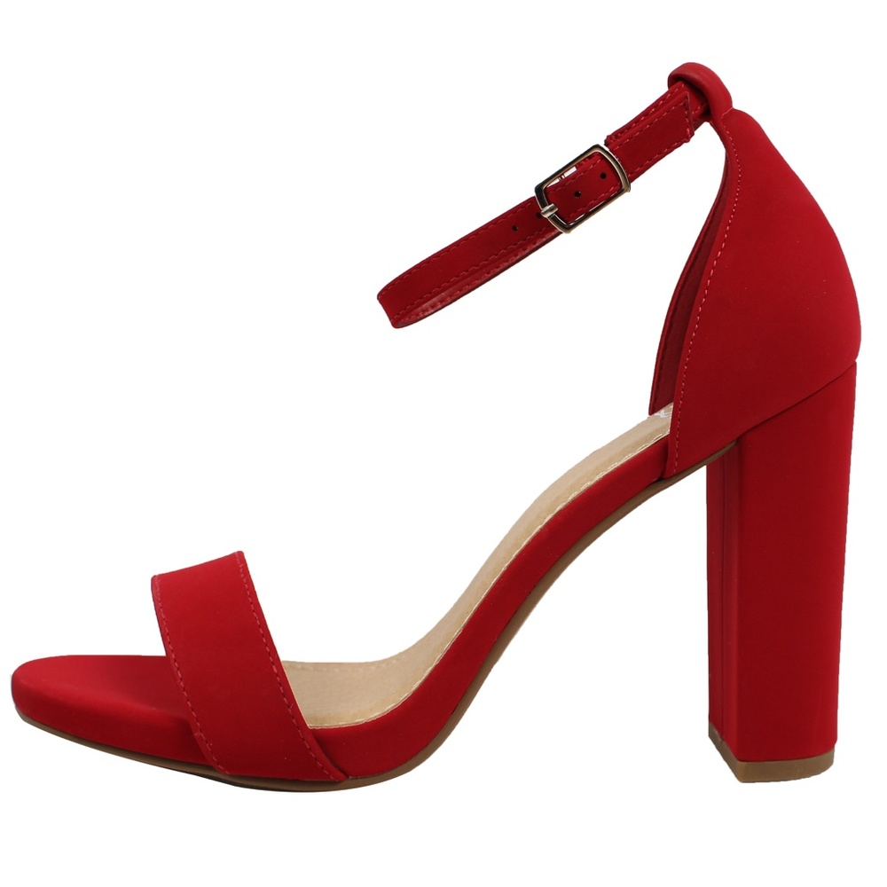 Red Open Toe Ankle Strap Block Heel